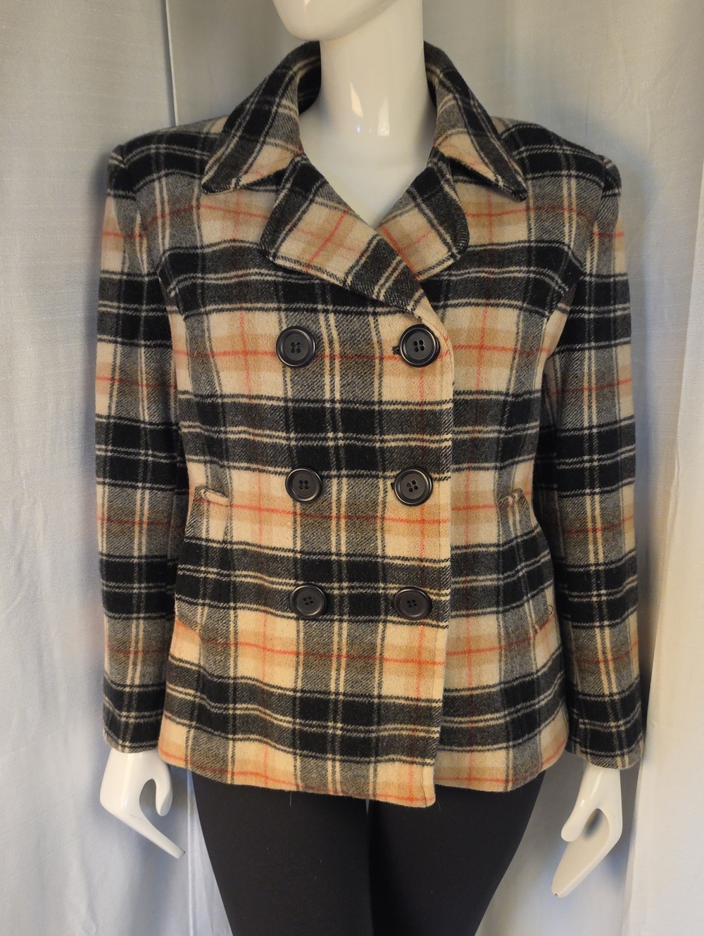 Vintage Chadwick's Black and Cream Plaid 100% Wool Winter Coat Size 14